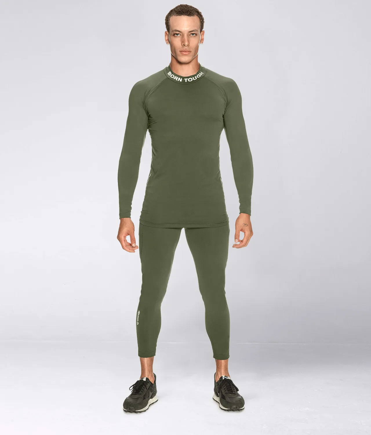 Born Tough Mock Neck Long Sleeve Compression Crossfit Shirt For Men Military Green