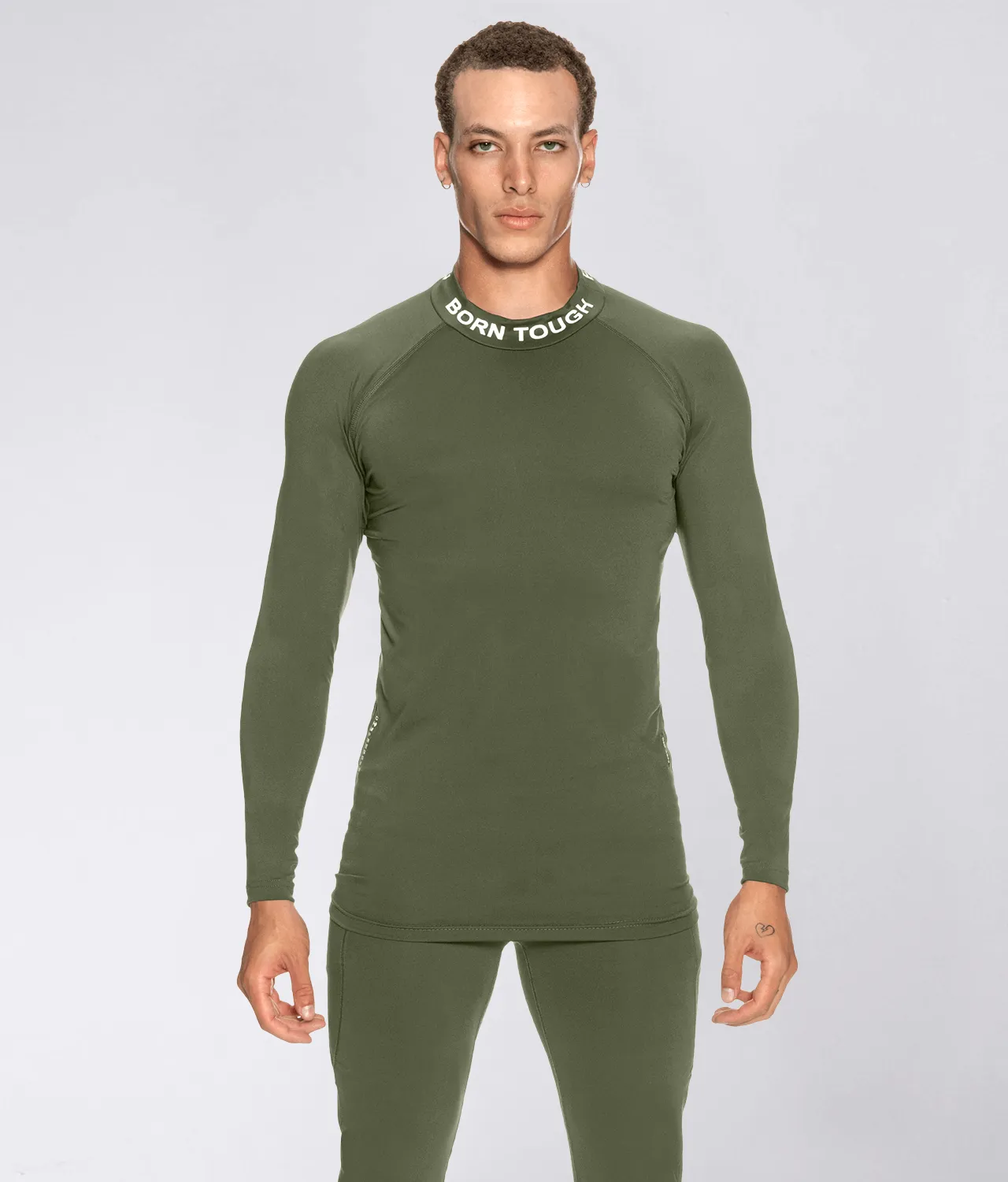 Born Tough Mock Neck Long Sleeve Compression Crossfit Shirt For Men Military Green