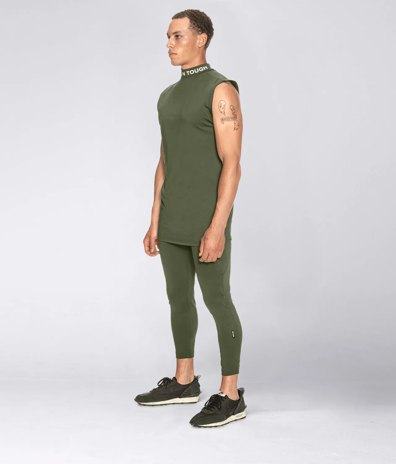 Born Tough Mock Neck Sleeveless Base Layer Crossfit Shirt For Men Military Green