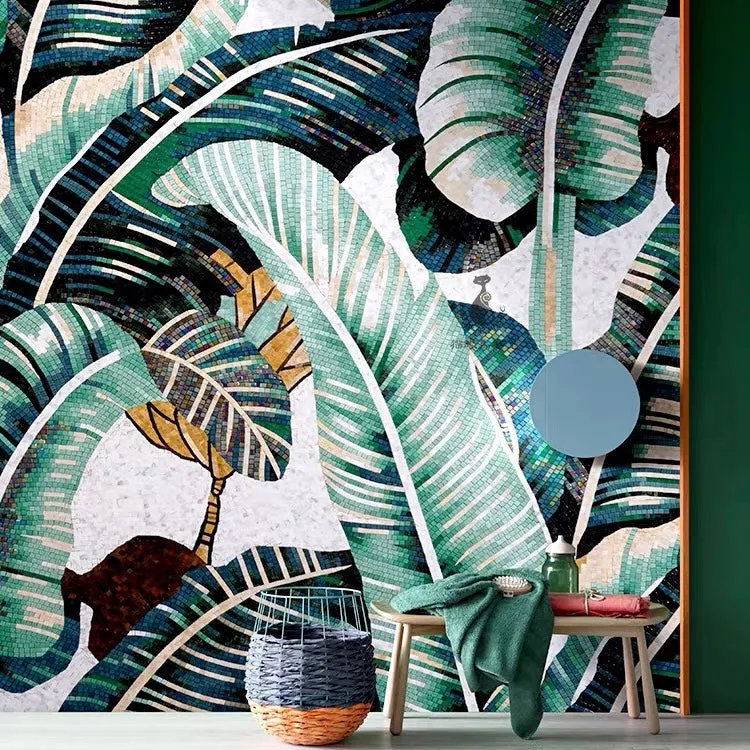 Custom Luxury Glass Mosaic Mural Tropical Banana Leaves
