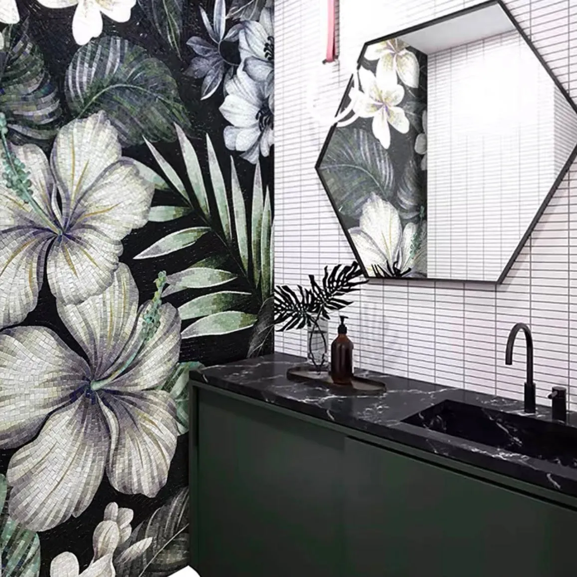 Custom Luxury Glass Mosaic Mural Tropical Leaves and Flowers