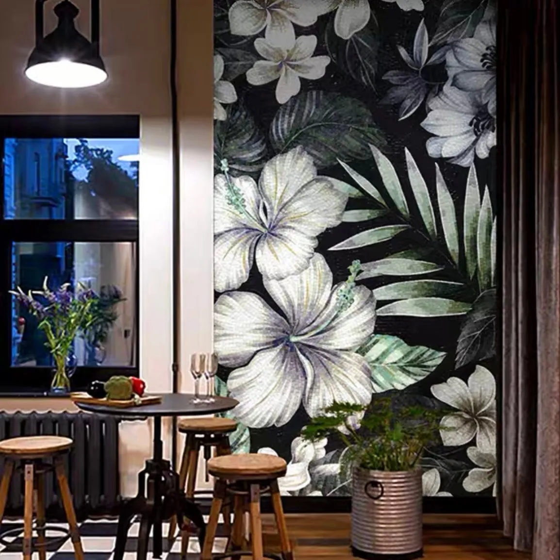 Custom Luxury Glass Mosaic Mural Tropical Leaves and Flowers