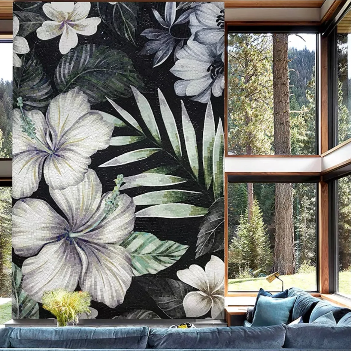 Custom Luxury Glass Mosaic Mural Tropical Leaves and Flowers