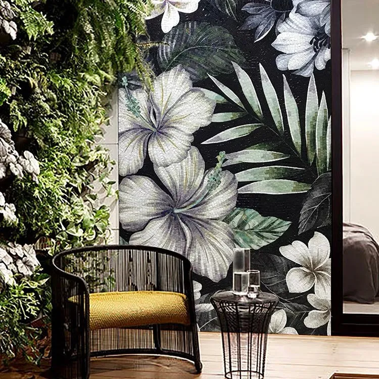 Custom Luxury Glass Mosaic Mural Tropical Leaves and Flowers