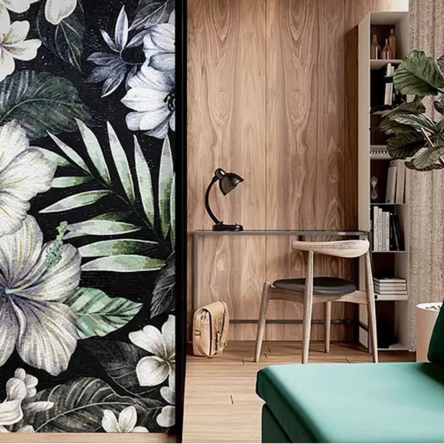 Custom Luxury Glass Mosaic Mural Tropical Leaves and Flowers