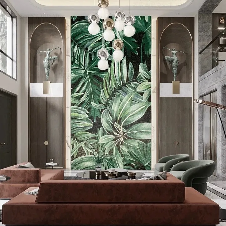 Custom Luxury Glass Mosaic Mural Tropical Leaves and Scenery