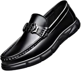 Men's Black Soft Patent Leather Platform Chunky Heel Loafers Fashion Business Casual Formal Work Shoes Non-Slip Lug Sole Slip-On Loafers