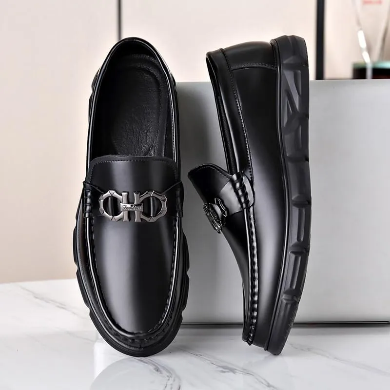 Men's Black Soft Patent Leather Platform Chunky Heel Loafers Fashion Business Casual Formal Work Shoes Non-Slip Lug Sole Slip-On Loafers
