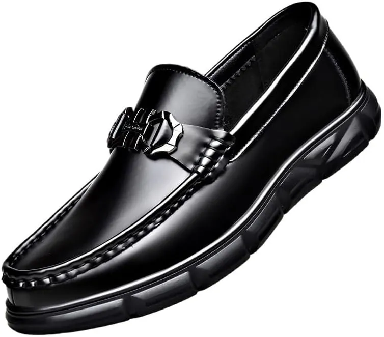 Men's Black Soft Patent Leather Platform Chunky Heel Loafers Fashion Business Casual Formal Work Shoes Non-Slip Lug Sole Slip-On Loafers