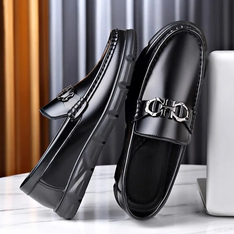 Men's Black Soft Patent Leather Platform Chunky Heel Loafers Fashion Business Casual Formal Work Shoes Non-Slip Lug Sole Slip-On Loafers