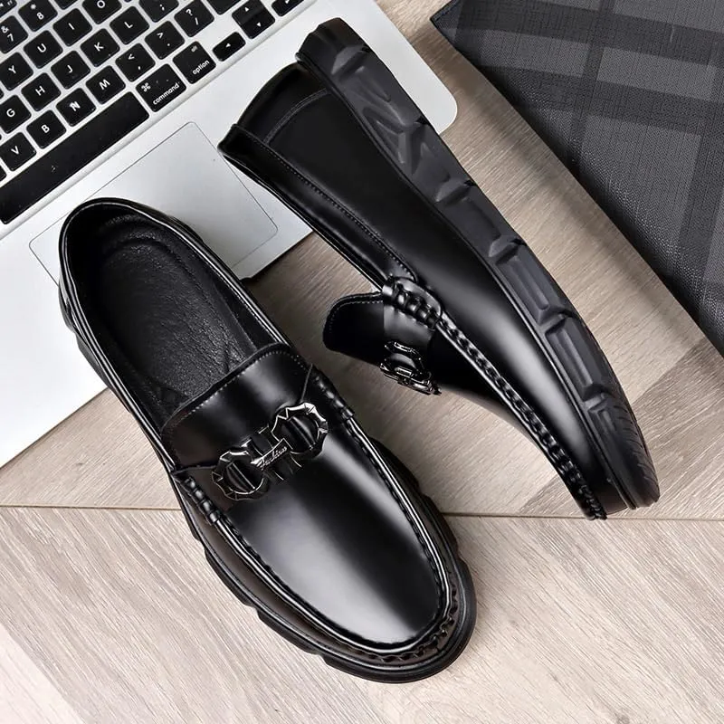 Men's Black Soft Patent Leather Platform Chunky Heel Loafers Fashion Business Casual Formal Work Shoes Non-Slip Lug Sole Slip-On Loafers