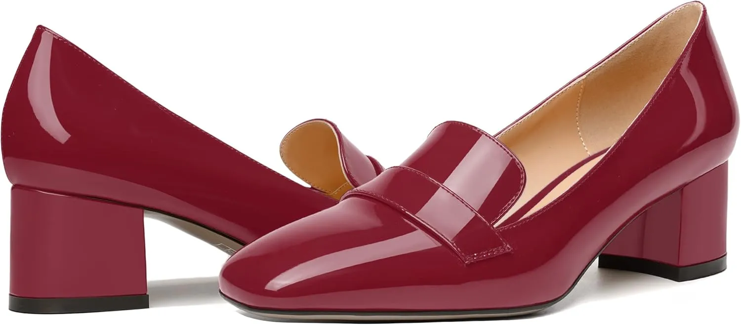 MODENCOCO Womens Fashion Slip On Casual Comfortable Square Toe Patent Chunky Low Heel Loafers Shoes 2 Inch
