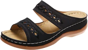 Plantar Fasciitis Sandals Women Memory Foam Womens Orthopedic Walking Shoes Black Flat Sandals for Women Arch Support Slides for Women Extra Wide Womens Sandals Planter Fasciitis Sandals for Women