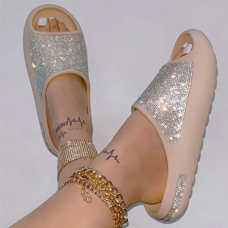 Women Fashion Slides Platform Rhinestone Decor Slide Sandals