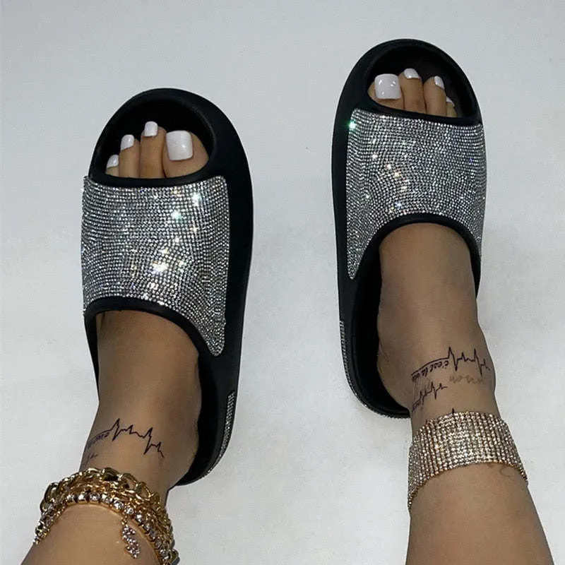 Women Fashion Slides Platform Rhinestone Decor Slide Sandals