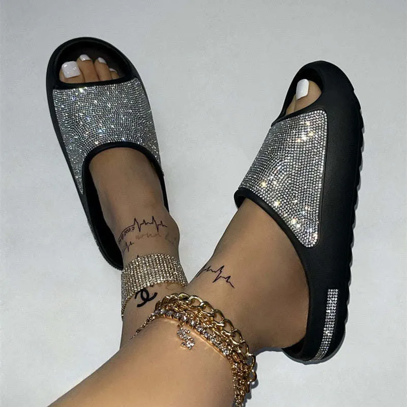 Women Fashion Slides Platform Rhinestone Decor Slide Sandals