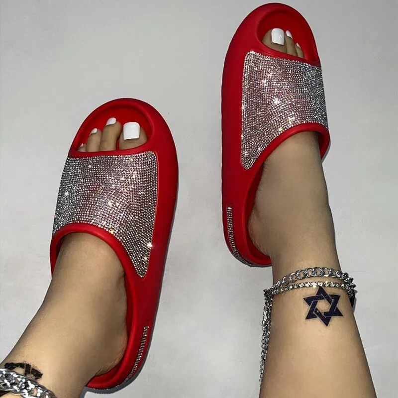 Women Fashion Slides Platform Rhinestone Decor Slide Sandals