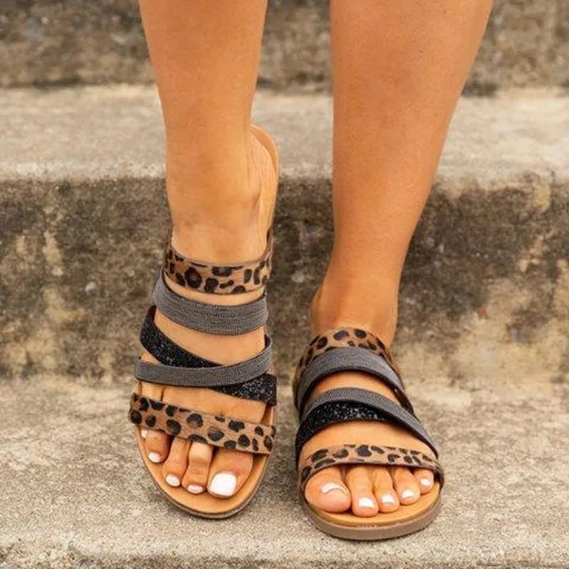 Women leopard strap summer 
flat slide sandals