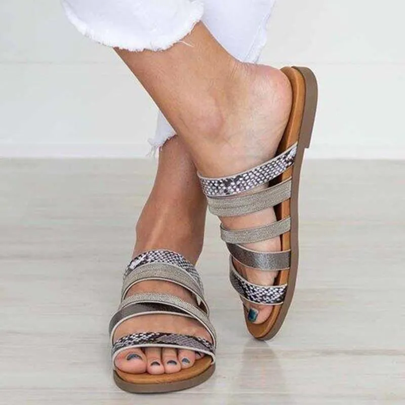 Women leopard strap summer 
flat slide sandals