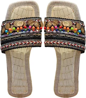 Women's Boho Beaded Beach Flat Sandals Embroidered Open Square Summer Slide Shoes Beach